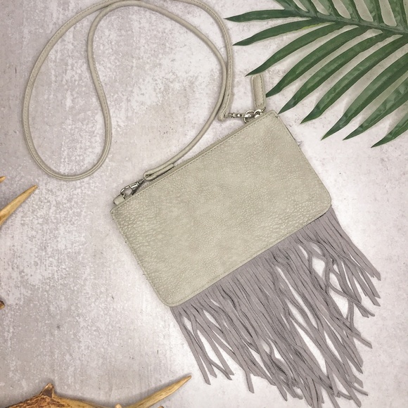 Free People Handbags - Free People Grey Suede Fringe Hem Crossbody Bag